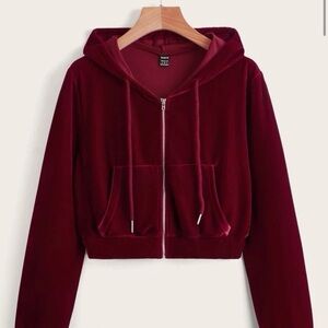 Velvet Red Cropped Zip Up Hoodie Jacket